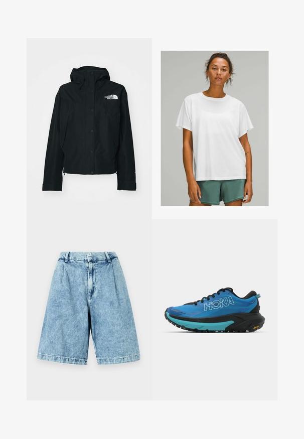 Melna ūdensnecaurlaidīga jaka ar kapuci, kas aprīkota ar pogām ar spiedpogu, elastīgām piedurknēm un baltu logotipu kreisajā augšējā stūrī. Gluda tekstūra.; Balta kokvilnas t-kreklā ar īsām piedurknēm, apaļu kakla izgriezumu, brīvu piegriezumu, valkāta ar zaļiem šortiem. Gluda tekstūra, bez redzamām rakstu vai akcentu.; Gaiši zili džinsu šorti ar brīvu piegriezumu, ar priekšējo rāvējslēdzēju, jostas cilpām un nedaudz izbalējušu tekstūru. Apdarinātas malas pabeidz dizainu.; Zili skriešanas apavi ar melnām akcentiem, ar strukturētu augšdaļu, mīkstu apkakli un biezu melnu un tirkīza vidusdaļu ar Vibram zoli.