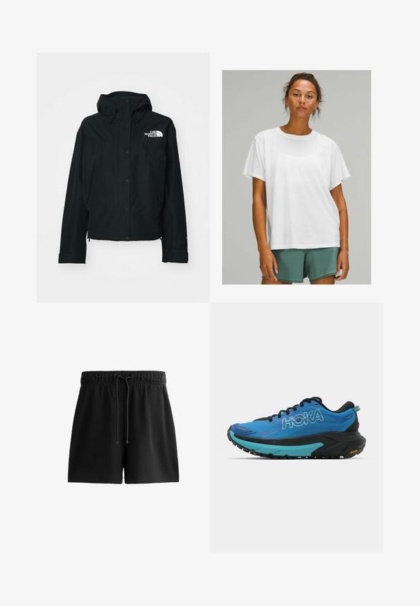 Fekete vízálló dzseki kapucnival, patent gombokkal, rugalmas mandzsettával, és egy fehér logóval a bal felső oldalon. Simább textúra.; Fehér pamut póló rövid ujjakkal, kerek nyakkivágással, laza szabással, zöld rövidnadrággal viselve. Sima textúra, nincsenek látható minták vagy kiegészítők.; Fekete, puha anyagból készült rövidnadrág, elastikus derékkal és zsinórral, oldalsó zsebekkel és egyszerű, letisztult dizájnnal.; Kék futócipők fekete kiegészítőkkel, texturált felsőrésszel, párnázott nyakkal, és vastag fekete és türkiz középtalppal, Vibram talppal.