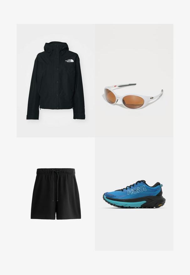 Veste imperméable noire avec capuche, dotée de boutons-pression, de poignets élastiques et d'un logo blanc sur le côté supérieur gauche. Texture lisse.; T-shirt en coton blanc à manches courtes, col rond, coupe décontractée, portée avec un short vert. Texture lisse, sans motifs ni accents visibles.; Shorts noirs en matériau doux, dotés d'une taille élastique avec cordon de serrage, de poches latérales et d'un design simple et épuré.; Baskets de course bleues avec des accents noirs, présentant une tige texturée, un col rembourré et une épaisse semelle intermédiaire noire et turquoise avec une semelle extérieure Vibram.; Lunettes de soleil blanches avec des verres marron, de forme ovale, fabriquées en plastique lisse, avec des accents gris sur les branches et un logo sur la monture.