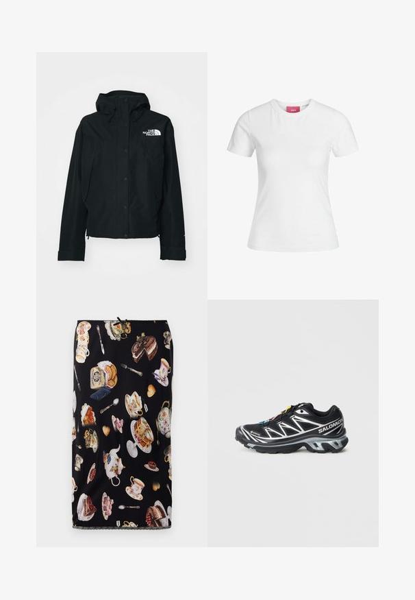 Jachetă neagră impermeabilă cu glugă, dotată cu capse, manșoane elastice și un logo alb în partea stângă sus. Textură netedă.; Tricou alb din bumbac, cu mâneci scurte și decolteu rotund. Prezintă o etichetă roz pe gulerul interior. Textură netedă.; Fustă neagră cu un model de cești de ceai, prăjituri și patiserie, cu ilustrații detaliate și un tiv decorativ din dantelă.; Pantofii de alergare negri cu accente argintii, din material GORE-TEX, talpă texturată și șireturi colorate. Au un călcâi amortizat pentru suport.