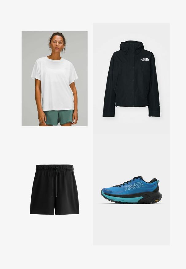 Giacca nera impermeabile con cappuccio, dotata di bottoni a pressione, polsini elasticizzati e un logo bianco sul lato sinistro superiore. Texture liscia.; T-shirt bianco in cotone con maniche corte, scollatura arrotondata, vestibilità rilassata, indossato con pantaloni corti verdi. Texture liscia, senza motivi o dettagli visibili.; Pantaloni shorts neri realizzati in materiale morbido, dotati di una cintura elastica con cordoncino, tasche laterali e un design semplice ed elegante.; Scarpe da corsa blu con accenti neri, dotate di una tomaia testurizzata, collo imbottito e una suola intermedia spessa nera e turchese con suola Vibram.