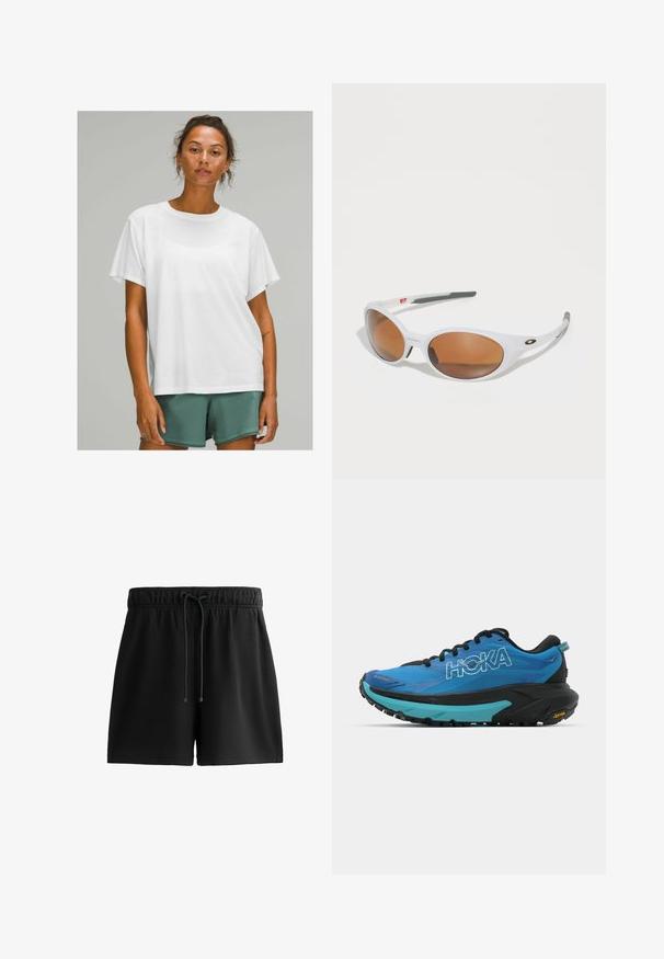 Čierna nepremokavá bunda s kapucňou, so zacvakávacími gombíkmi, elastickými manžetami a bielym logom na hornej ľavej strane. Hladká textúra.; Biely bavlnený tričko s krátkymi rukávmi, okrúhlym výstrihom a uvoľneným strihom, nosené s zelenými šortkami. Hladká textúra, bez viditeľných vzorov alebo akcentov.; Čierne šortky vyrobené z mäkkého materiálu, so strečovým pásom s šnúrkou, bočnými vreckami a jednoduchým, uhladeným dizajnom.; Modré bežecké topánky s čiernymi akcentmi, ktoré majú textúrovaný zvršok, polstrovaný golier a hrubú čiernu a tyrkysovú medzipodrážku s Vibram podrážkou.; Biele slnečné okuliare s hnedými sklami, oválneho tvaru, vyrobené z hladkého plastu, s sivými akcentmi na rámikoch a logom na obrubách.