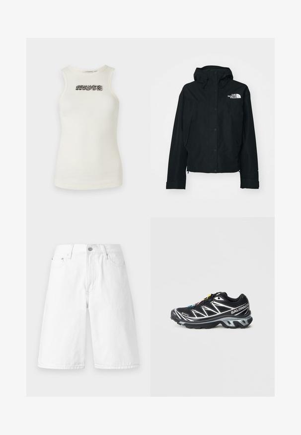 Black waterproof jacket with a hood, featuring snap buttons, elastic cuffs, and a white logo on the upper left side. Smooth texture.; Cream-colored tank top made of ribbed material, featuring black and silver jeweled lettering that spells "MUSE" on the front.; White denim shorts featuring a straight cut, front pockets, a button closure, and a clean, smooth texture.; Black running shoe with silver accents, GORE-TEX material, textured sole, and colorful laces. Features a cushioned heel for support.