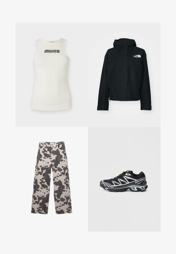 Giacca nera impermeabile con cappuccio, dotata di bottoni a pressione, polsini elasticizzati e un logo bianco sul lato sinistro superiore. Texture liscia.; Top senza maniche di colore crema realizzato in materiale a coste, con lettering in nero e argento decorato con gioielli che forma la parola "MUSE" sul davanti.; Jeans a gamba larga di colore beige con motivo a stampa di mucca marrone. Presentano una chiusura con bottone e design a cinque tasche. Realizzati in tessuto denim.; Scarpa da corsa nera con accenti argento, materiale GORE-TEX, suola testurizzata e lacci colorati. Presenta un tallone imbottito per supporto.