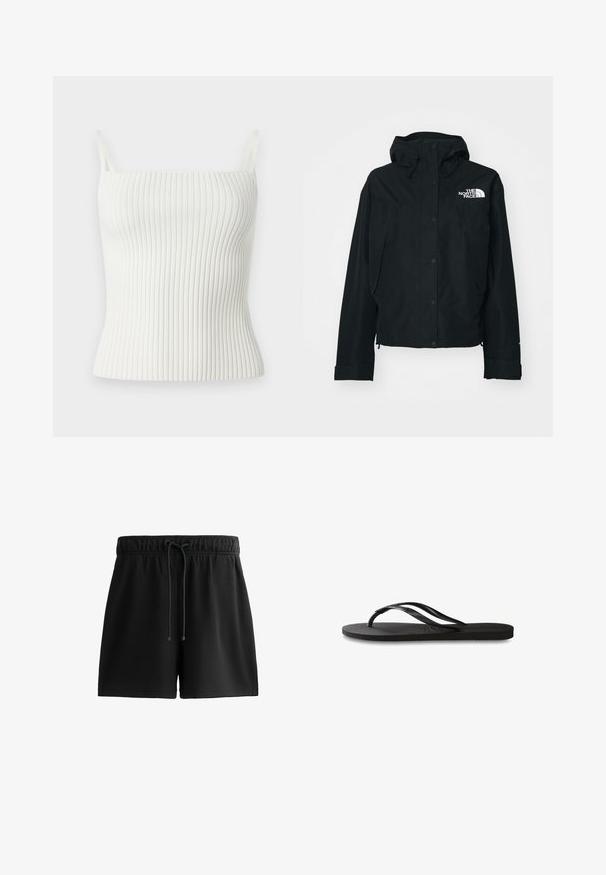 Fekete vízálló dzseki kapucnival, patent gombokkal, rugalmas mandzsettával, és egy fehér logóval a bal felső oldalon. Simább textúra.; Fehér bordázott ujjatlan felső vékony pántokkal, testhez simuló fazonnal és puha tapintással. Az anyag rugalmas és sima, így fokozza a kényelmet.; Fekete, puha anyagból készült rövidnadrág, elastikus derékkal és zsinórral, oldalsó zsebekkel és egyszerű, letisztult dizájnnal.; Fekete papucs texturált gumitalppal, két vékony pánttal és finom, domború logóval a pánton.