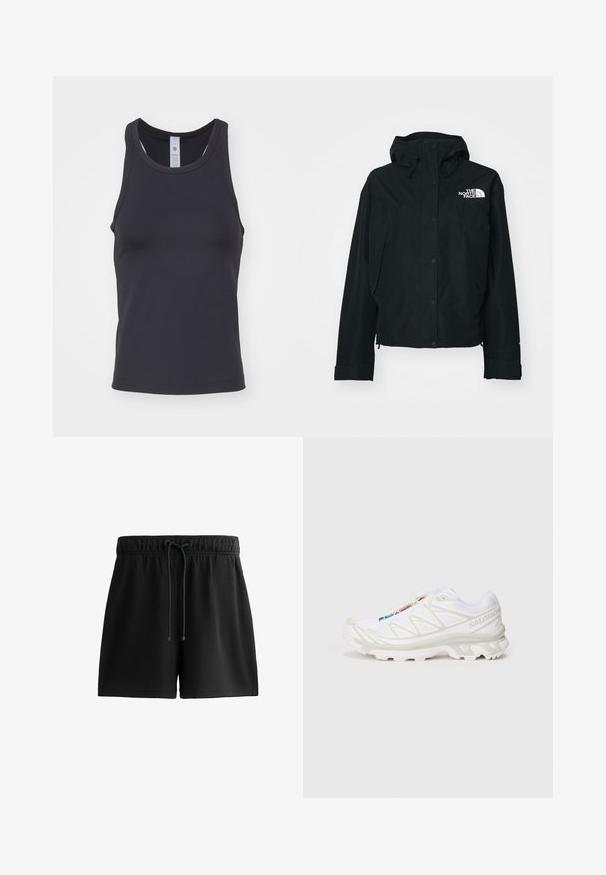 Crna vodootporna jakna s kapuljačom, koja ima dugmad za kopčanje, elastične rukave i bijeli logotip na gornjoj lijevoj strani. Glatka tekstura.; Crni top bez rukava izrađen od mekog, rastezljivog materijala. Ima zaobljen izrez i široke naramenice, dizajniran za usko pristajanje.; Crne kratke hlače od mekog materijala, s elastičnim pojasom i vezicom, bočnim džepovima i jednostavnim, profinjenim dizajnom.; Bijela atletska obuća s teksturiranim mrežastim gornjim dijelom, reflektirajućim detaljima i podstavljenim potplatom. Značajan logo brenda sa strane.