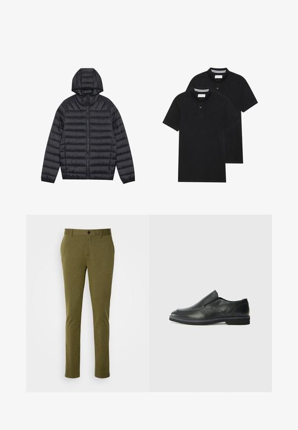 Crna lagana puffer jakna s horizontalnim šivenjem, punim prednjim zatvaračem, bočnim džepovima, elastičnim manžetama i priloženom kapuljačkom.; Dva crna polo majice, kratki rukavi, pamučni materijal, sa klasičnom ovratnikom, čepom sa dva gumba i bijelim prugastim detaljima unutar ovratnika.; Maslinasto zelene hlače s glatkom teksturom, uskog kroja, s jednim dugmetom za zakopčavanje i petljama za remen, namijenjene za svakodnevno nošenje.; Crne kožne cipele na sklapanje s glatkom gornjom površinom, prošivenim detaljima, zaobljenim vrhom i niskim gumene potplate. Potplat ima minimalne uzorke.