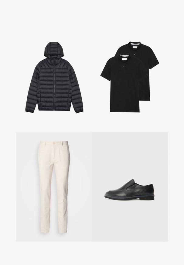 Svart lättviktspuffjacka med horisontella quiltningar, hel dragkedja framtill, sidofickor, elastiska ärmslut och fast huva.; Två svarta polo t-shirts, kortärmade, i bomullsmaterial, med en klassisk krage, tvåknappsslutning och vita randiga accenter inuti kragen.; Ljusbeige, skräddarsydda byxor i mjukt tyg. Har en knappstängning, bältesöglor och en smal, rak benform med minimal textur.; Svart lädersko i slip-on-modell med en slät ovandel, sömnadsdetaljer, rund tå och låg gummihäl. Sulan har minimal mönstring.