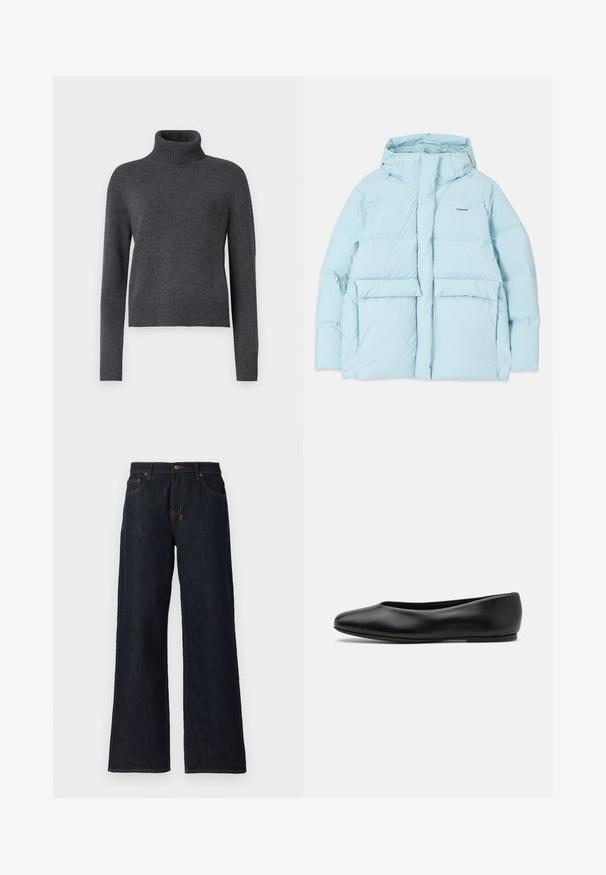 Jasnoniebieska ocieplana kurtka z kapturem, z zamkiem błyskawicznym z przodu, dwoma dużymi kieszeniami z przodu oraz małym logo na lewej piersi.; Szary sweter typu golf wykonanego z miękkiej dzianiny, z długimi rękawami i ściągaczem na dole, co zapewnia dopasowany wygląd.; Ciemnoniebieskie dżinsy o szerokich nogawkach, wykonane z denimu, z pomarańczowymi przeszyciami, dwiema przednimi kieszeniami i zapięciem na guzik w pasie.; Paul Smith TOPANGA czarny