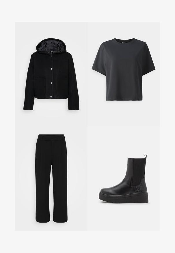 Juodas trumpas gobtuvas striukė su priekiniais spaudimo mygtukais, dviem didelėmis priekinėmis kišenėmis ir sklandžiu vidiniu pamušalu.; Juodas medvilnės marškinėliai, trumpomis rankovėmis, apvaliu kaklu, laisvas kirpimas, lygus paviršius, paprastas dizainas, be raštų ar akcentų.; Juodos plačios kelnės, pagamintos iš sklandžios medžiagos, turinčios lygią priekinę dalį, diržo kilpas ir nematomus kišenių. Švarus, pritaikytas dizainas.; Juodi odiniai kulkšniniai batai su elastinėmis šoninėmis dulkėmis, tekstūruotais krokodilo rašto akcentais, masyvi platformos padu ir minkštu kabliu.