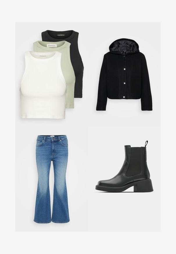 Svart cropped jakke med hette, frontknapper, to store lommer foran og glatt innerfôr.; Sett med tre rillede crop tops i hvit, lys grønn og svart. Hver har rund hals og er ermeløs. Mykt bomullsmateriale.; Utslitte, blå denim jeans med flared fasong og middels høy midje, med fem lommer og falming, laget av slitesterk bomullsstoff.; Sorte lær ankelsko med elastiske sidepaneler, rund tå og tykk blokkhæl. Glatt tekstur med et minimalistisk design.