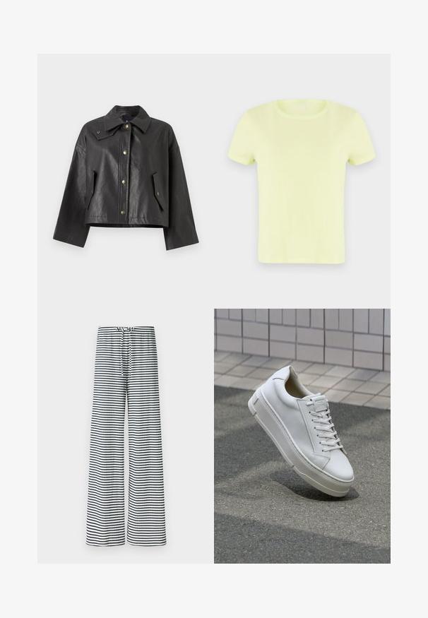 Fekete, rövidített dzseki struktúrált bőrből, hegyes gallérral, elülső pattintós zárással és oldalsó zsebekkel. Aranyszínű fém részletekkel rendelkezik.; Neon sárga, rövid ujjú póló, pamutból készült. Klasszikus, kerek nyakkivágással és sima, könnyű textúrával rendelkezik.; Gina Tricot STRIPED TROUSERS - Nadrágok - navy/white; Fehér bőr sportcipő alacsony dizájnnal, lapos fűzőkkel, lekerekített orral és texturált oldalakkal. Vastag gumitalp finom részletekkel.