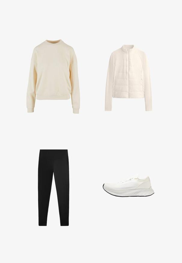 Puffer jacket in cream color, featuring a high neck, full zip front, and ribbed sleeves. Made from lightweight, smooth material with quilted texture.; Cream-colored crewneck sweatshirt with long sleeves, a relaxed fit, ribbed cuffs, and a smooth texture, highlighting simplicity in design.; Black leggings made of smooth, stretchy fabric. High waist design with ankle detailing and no visible patterns or hardware.; White running shoe with a mesh upper, lightweight design, smooth rounded sole, and black rubber outsole. Features flat laces and minimal accents.