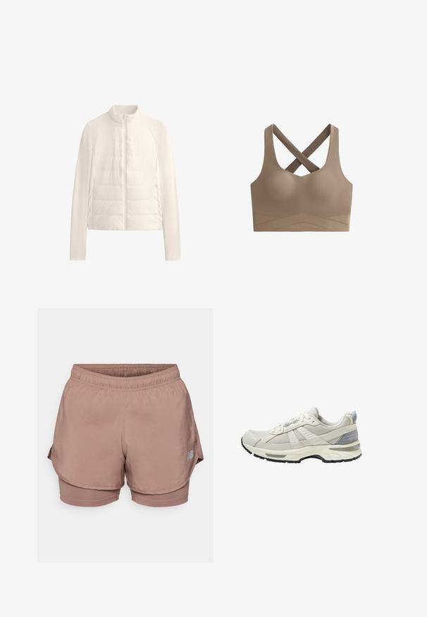 Geacă puffer în culoare crem, cu guler înalt, fermoar complet în față și mâneci cu bandă elastică. Fabricată dintr-un material ușor, neted, cu textură matlasată.; Sutien sport maro cu un design fără cusături, bretele încrucișate pe spate și o bandă texturată cu un model în zigzag în partea de jos.; Shorts de sport roz pal, cu un elastic la talie, un design în straturi și un detaliu cu logo reflectorizant pe lateral. Material neted.; Pantof sportiv bej cu partea superioară din plasă texturată și accente netede. Dispune de o talpă amortizată, vârf întărit și talpă exterioară din cauciuc negru.