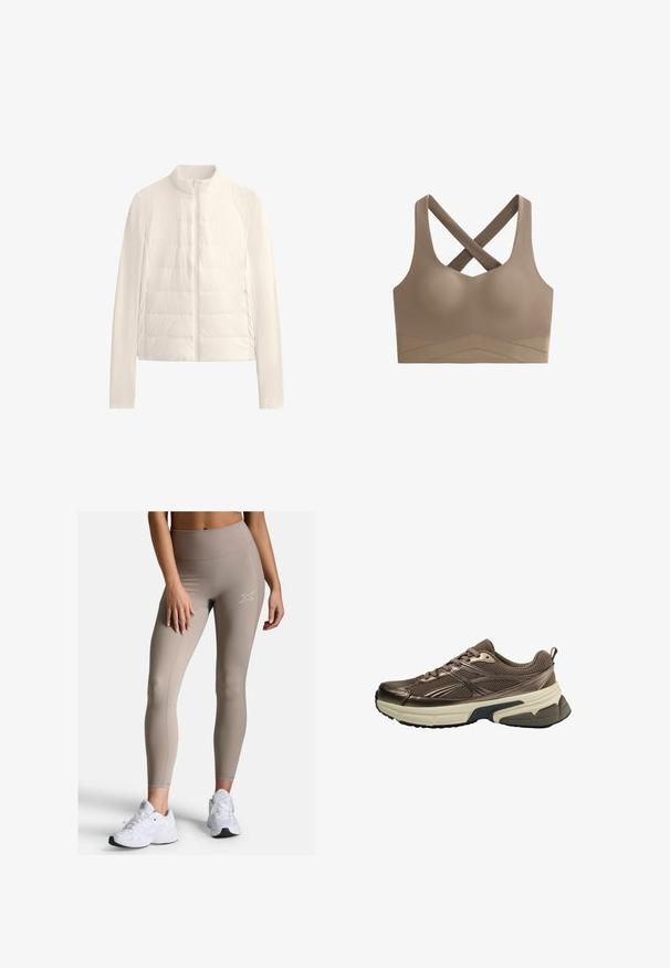 Pufferjacke in Cremefarbe, mit einem hohen Kragen, durchgehendem Reißverschluss und eingezogenen Ärmeln. Hergestellt aus leichtem, glattem Material mit gestepptem Muster.; Braun Sport-BH mit nahtlosem Design, kreuzgenähten Rückenträgern und einem strukturierten Band mit Zickzackmuster unten.; Beige High-Waist-Leggings mit geripptem Bund, glatter Textur und subtilen Nähten. Dazu weiße Sportschuhe.; Brauner Sportschuh mit Mesh-Obermaterial, metallischen Akzenten, dicker weißer Zwischensohle und strukturiertem schwarzen Sohle. Verfügt über Schnürsenkel und eine Zuglasche.