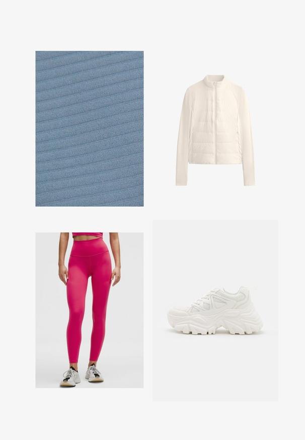 Pufová bunda v krémovej farbe s vysokým golierom, plným zipsom a rebrovanými rukávmi. Vyrobená z ľahkého, hladkého materiálu s prešitým vzorom.; Svetlomodrá tkanina s textúrovaným, ribbovým vzorom. Povrch zobrazuje mäkké, vyvýšené línie behúce horizontálne po materiáli.; Svetloružové legíny s vysokým pásom vyrobené z elastického materiálu, s bočnými vreckami a hladkou, lesklou textúrou. Nosené s bielymi športovými topánkami.; Biele robustné tenisky s textúrovaným zvrškom, sieťovinovými panelmi a hrubými gumovými podrážkami s výrazným vzorom. Šnúrky a pútko na vytiahnutie sú súčasťou.