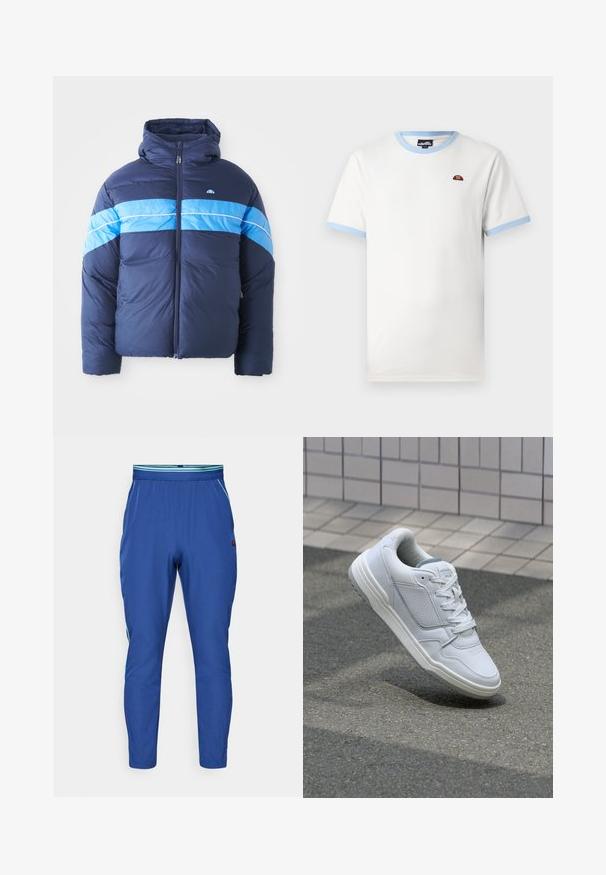 Dunkelblauer Puffer-Jacke mit Kapuze, die zwei horizontale hellblaue Streifen über der Brust aufweist. Mit Reißverschluss und gestepptem Material.; Weißes Baumwoll-T-Shirt mit hellblauem, geripptem Kragen und Ärmelabschlüssen. Verfügt über ein kleines rotes und orangefarbenes Logo auf der Brust. Klassische Passform.; Blaue Sporthosen mit einer taillierten Passform, elastischem Bund und kontrastierenden grünen Streifen an den Seiten. Hergestellt aus leichtem Material.; Weiße Ledersneaker mit perforierten Seiten, strukturierten Akzenten, flachen Schnürsenkeln und einer kontrastierenden grauen Ferse. Verfügt über eine leicht erhöhte Sohle.