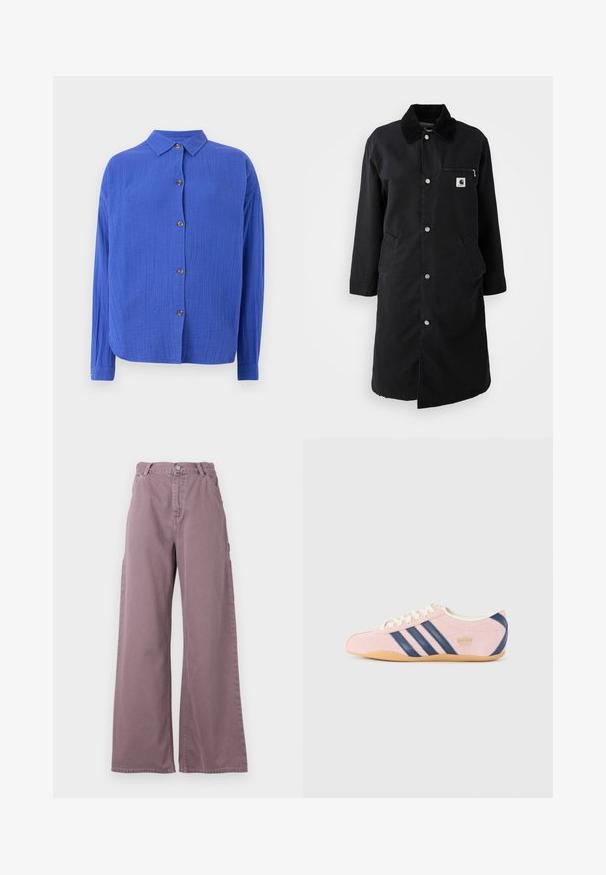Sort lang frakke med trykknapper, fløjlskrave, lynlåslomme på brystet og to sidelommer, set forfra på hvid baggrund.; Blå skjorte med knapper af tekstureret stof, med krave, lange ærmer og fem brune knapper foran. Runde kanten forneden.; Hvid kortærmet t-shirt lavet af bomuld, med et lille sort hjerteformet logo på venstre brystområde.; Bredde bukser i støvet mauve bomuld med en frontlukning med knap, sidelommer og syet detaljering langs sømmene.; Lyserøde sneakers lavet af ruskind med marineblå Striber og detaljer. Har en lys cremefarvet tunge og snørebånd, samt en gummisål.