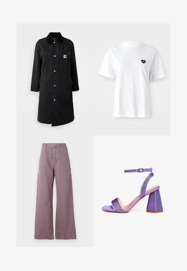 Sort lang frakke med trykknapper, fløjlskrave, lynlåslomme på brystet og to sidelommer, set forfra på hvid baggrund.; Hvid kortærmet t-shirt lavet af bomuld, med et lille sort hjerteformet logo på venstre brystområde.; Bredde bukser i støvet mauve bomuld med en frontlukning med knap, sidelommer og syet detaljering langs sømmene.; Lilla højhælede sandaler med en tekstureret firkantet tå, dekoreret med rhinsten og med en spændeankelrem og geometrisk hæl.