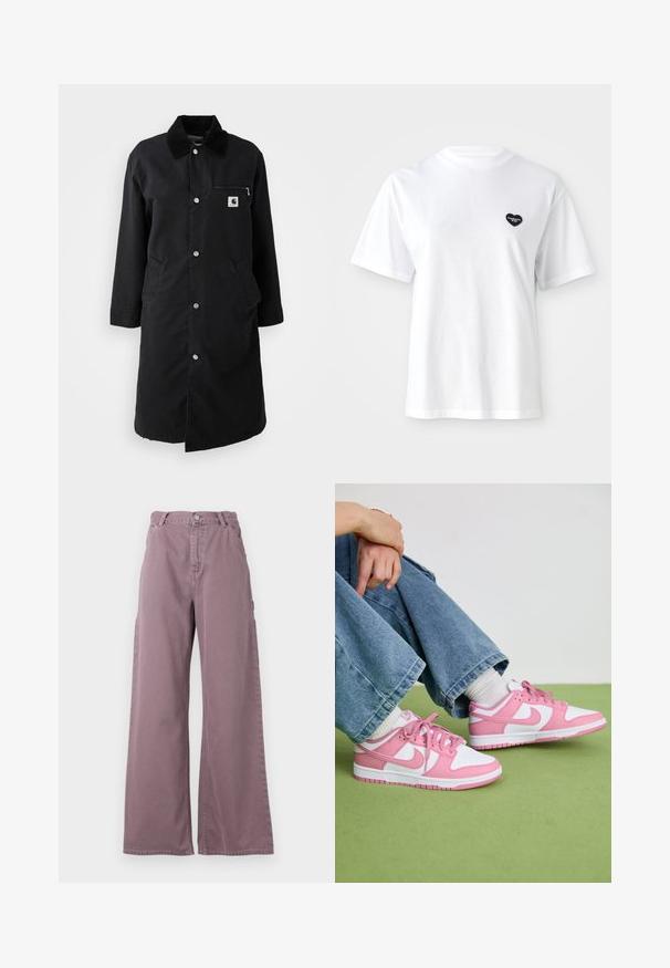 Fekete, hosszú kabát patent gombokkal, kordbársony gallérral, cipzáras mellzsebbel és két oldalzsebbel, elölnézet fehér háttérrel.; Fehér, rövid ujjú pamut póló, amelyen egy kis fekete szív alakú logó található a bal mellején.; Széles lábú nadrág poros mauve színű pamutból, elől gombos záródással, oldalsó zsebekkel és varrott részletekkel az összevarrások mentén.; Rózsaszín és fehér Nike sneaker, bőr és hálós anyagokból készült, kontrasztos formákkal, kerek orrával, valamint illeszkedő rózsaszín fűzőkkel és díszítésekkel.