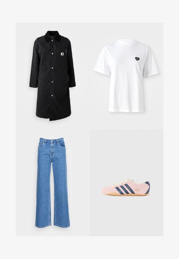 Fekete, hosszú kabát patent gombokkal, kordbársony gallérral, cipzáras mellzsebbel és két oldalzsebbel, elölnézet fehér háttérrel.; Fehér, rövid ujjú pamut póló, amelyen egy kis fekete szív alakú logó található a bal mellején.; Kék farmer széles szárú nadrág magas derékkal, két elülső zsebbel és gombos záródással. Az anyag enyhén texturált felületű.; Világos rózsaszín suédból készült sneaker, tengerészkék csíkokkal és kiegészítőkkel. Világos krémszínű nyelve és fűzője van, gumírozott talppal.