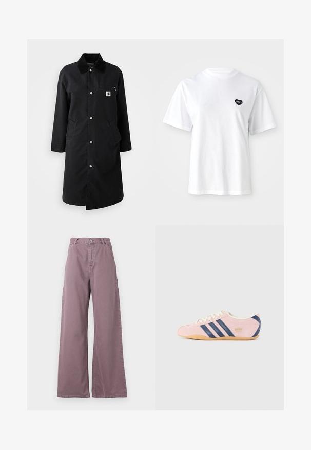 Zwarte lange jas met drukknoopsluitingen, corduroy kraag, ritszak op de borst en twee zijzakken, vooraanzicht op witte achtergrond.; Witte T-shirt met korte mouwen, gemaakt van katoen, met een klein zwart hartvormig logo op de linkerborst.; Brede broek van katoen in stofachtig mauve, met een sluiting aan de voorkant met knopen, zijzakken en gestiksel langs de naden.; Lichtroze sneaker van suede met marineblauwe strepen en accenten. Voorzien van een lichtcrème tong en veters, met een rubberen zool van gum.