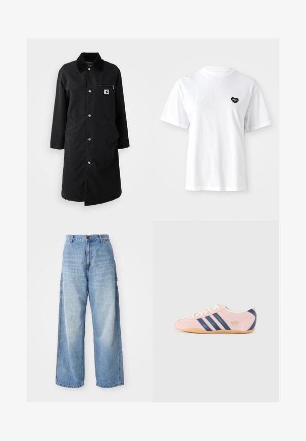 Juodas ilgasis paltas su spaudėmis, veliūro apykakle, užtrauktuku ant krūtinės kišenėje ir dviem šoninėmis kišenėmis, matomas priekinis vaizdas ant balto fono.; Baltas trumpomis rankovėmis marškinėliai, pagaminti iš medvilnės, su mažu juodu širdelės formos logotipu kairėje krūtinės srityje.; Šviesiai mėlynos plačiakulkės džinsai su aukštu liemeniu, turintys šonines kišenes ir nublukusią tekstūrą, pagaminti iš džinsinio audinio.; Šviesiai rožiniai sportbačiai, pagaminti iš zomšos, su tamsiai mėlynomis juostelėmis ir akcentais. Savybė - šviesiai kremo spalvos liežuvėlis ir raišteliai, su guminiu padu.