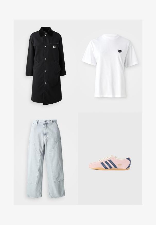 Abrigo largo negro con botones a presión, cuello de pana, bolsillo en el pecho con cremallera y dos bolsillos laterales, vista frontal sobre fondo blanco.; Camiseta blanca de manga corta hecha de algodón, con un pequeño logo en forma de corazón negro en el área del pecho izquierdo.; Pantalones de denim de tiro alto y pernera ancha en azul claro, con grandes bolsillos laterales y un ajuste holgado. Textura desgastada con un acabado desvanecido.; Zapatillas de color rosa claro hechas de ante, con rayas y acentos en azul marino. Cuentan con una lengüeta y cordones en crema claro, y una suela de goma.