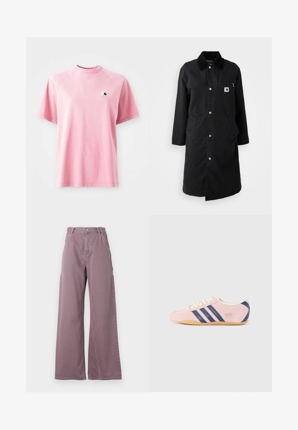 Abrigo largo negro con botones a presión, cuello de pana, bolsillo en el pecho con cremallera y dos bolsillos laterales, vista frontal sobre fondo blanco.; Camiseta de algodón rosa con cuello redondo y mangas cortas. Presenta un pequeño parche cuadrado con el logo en la zona del pecho izquierdo. Textura suave.; Pantalones de pierna ancha en algodón color malva empolvado, con cierre de botón en la parte frontal, bolsillos laterales y detalles cosidos a lo largo de las costuras.; Zapatillas de color rosa claro hechas de ante, con rayas y acentos en azul marino. Cuentan con una lengüeta y cordones en crema claro, y una suela de goma.