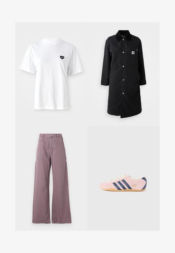 Svart lång kappa med tryckknappar, manchesterkrage, ficka med dragkedja på bröstet och två sidofickor, framvy på vit bakgrund.; Vit t-shirt med kort ärm i bomull, med en liten svart hjärtformad logotyp på vänster bröst.; Breda byxor i stoft mauve bomull, med knäppning fram, sidofickor och sydda detaljer längs sömmarna.; Ljusrosa sneakers i mocka med marinblå ränder och detaljer. Har en ljus krämfärgad tunga och snören, med en sula av gummirubber.