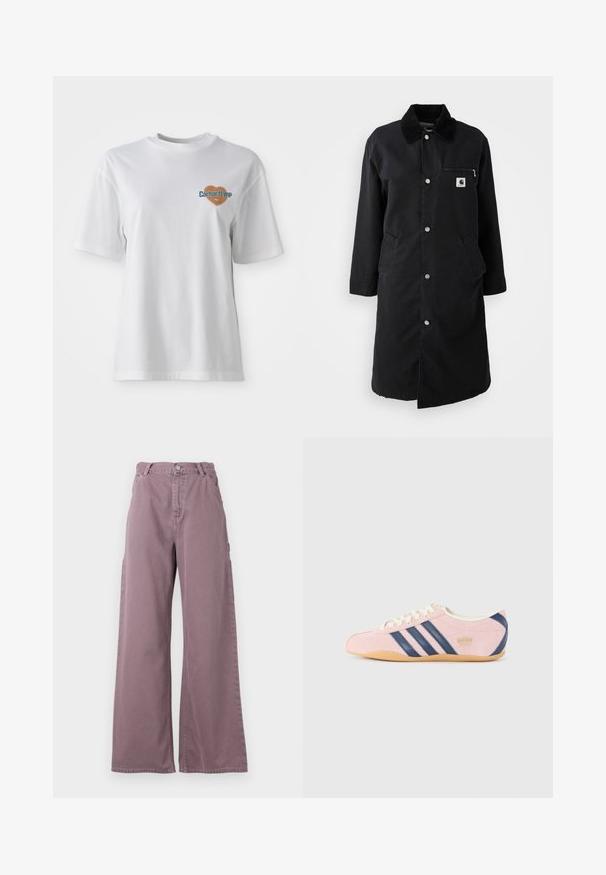 Černý dlouhý kabát s patentkami, kordurovým límcem, zipovou náprsní kapsou a dvěma bočními kapsami, pohled zepředu na bílém pozadí.; Carhartt WIP GROWTH - Triko s potiskem - white stone washed; Široké kalhoty v jemné mauve bavlně, s předním zapínáním na knoflík, bočními kapsami a prošitím podél švů.; Světle růžové tenisky z semiše s námořnicky modrými pruhy a doplňky. Mají světle krémový jazyk a tkaničky, s gumovou podrážkou.