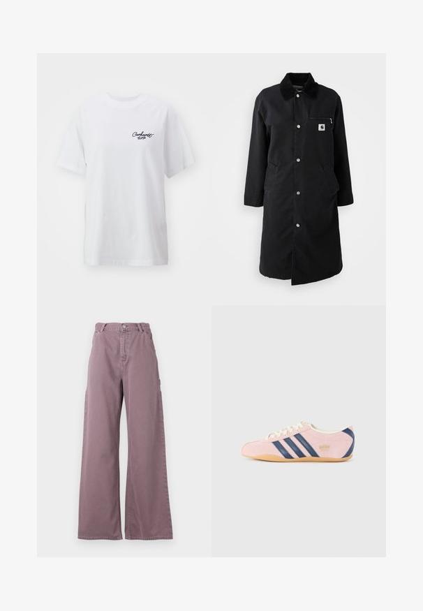 Mustapituinen pitkä takki, jossa on napit, corduroytakki kaulus, vetoketjullinen rintatasku ja kaksi sivutaskua, etukuva valkoista taustaa vasten.; Valkoinen puuvillapaita, jossa on rento istuvuus. Sisältää lyhyet hihat ja pienen mustan "Carhartt WIP" -logon vasemmassa rinnassa.; Lösa byxor i dammig mauve bomull, med knappstängning fram, sidofickor och sydda detaljer längs sömmarna.; Vaaleanpunaiset mokkanahkakenkä, joissa on tummansinisiä raitoja ja yksityiskohtia. Kengissä on vaaleankermanvärinen kieli ja nauhat, sekä kumipohja.