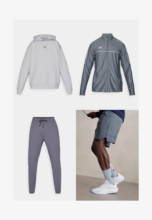 Pelēks sporta žakets ar rāvējslēdzēja priekšu, augstu apkakli, baltām акcentiem gar pleciem un garām piedurknēm. Izgatavots no gludas, elastīgas sagatavēm.; Pelēks kapuces džemperis ar kenguru kabatu. Mīksts kokvilnas maisījuma materiāls, ribinātas piedurknes, izšūts logotips uz krūts, brīva piegriezuma.; Pelēki sporta bikses ar elastīgu jostu un auklu. Gluda tekstūra, sašaurināta kāju dizaina, ar mazu logo sānos.; Baltas sporta apavu pāris ar strukturētu acs virsu, apvienots ar gaiši zilo riboto zeķu pāri, kurā ir zīmols. Pelēki sporta šorti ar perforētu apdari.