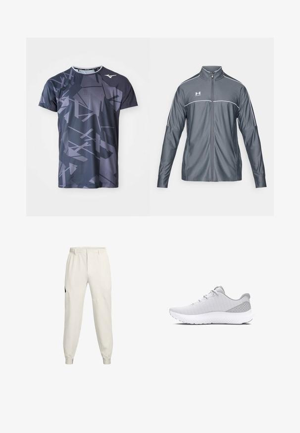 Grau atletische Jacke mit Reißverschluss vorne, hohem Kragen, weißen Akzenten an den Schultern und langen Ärmeln. Hergestellt aus glattem, dehnbarem Material.; Sport-T-Shirt aus leichtem Stoff, mit einer dunkelgrauen Basis und abstrakten hellgrauen geometrischen Mustern sowie einem runden Halsausschnitt.; Hellbeige Jogginghosen mit elastischem Bund, Seitentaschen und gerippten Bündchen; mit einem schwarzen Logo-Akzent an der linken Hüfte.; Helle graue Sportschuh mit einem strukturierten Mesh-Obermaterial, abgerundetem Zehenbereich, gepolstertem weißen Zwischensohlenelement und minimalistischem Design mit gemusterten Akzenten.