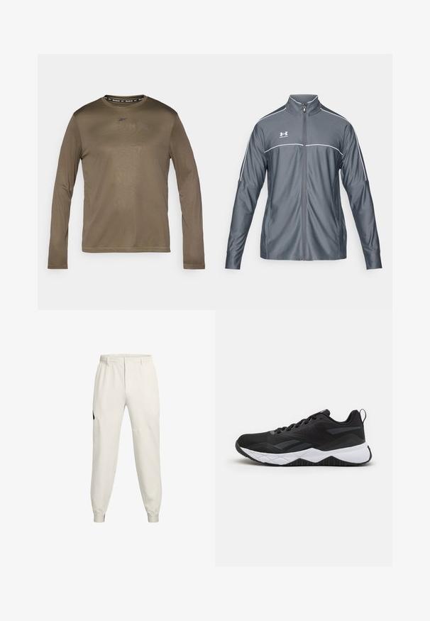 Grijze sportjack met rits, hoge kraag, witte accenten langs de schouders en lange mouwen. Gemaakt van soepel, rekbaar materiaal.; Olijfgroene longsleeve shirt met een ronde halslijn, Reebok-logo op de borst en een contrasterende zwarte band bij de kraag. Gladde textuur.; Lichtbeige joggerbroeken met een elastische tailleband, zijzakken en geribde manchetten; voorzien van een zwart logo accent op de linkse heup.; Reebok NFX - Trainingsschoen - black/cold grey