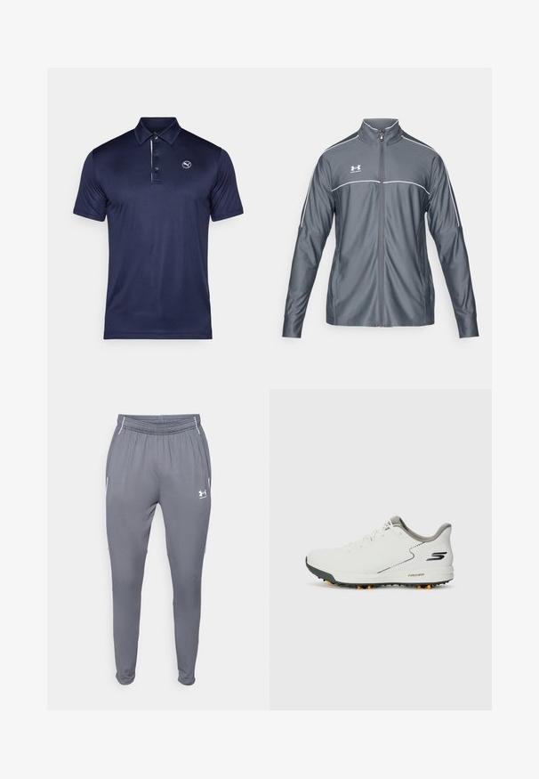 Hallhallane spordijakk, millel on luku ees, kõrge krae, valged aktsendid õlgadel ja pikad varrukad. Valmistatud siledast, venivast materjalist.; Tumesinine polo särk, mis on valmistatud siledast ja hingavast kangast, millel on kolme nupuga kaeluseosa ja logo vasakul rinnal. Lühikesed varrukad.; Hallid hallid spordipüksid elastse vöökoha, küljetaskute ja valgete detailidega. Valmistatud siledast, kergest materjalist.; Valged spordijalatsid siledast pealispinnast, hallide aktsentidega ja tekstuursed mustad tallad, millel on oranžid õhksääred. Kerge disain, mis keskendub mugavusele.