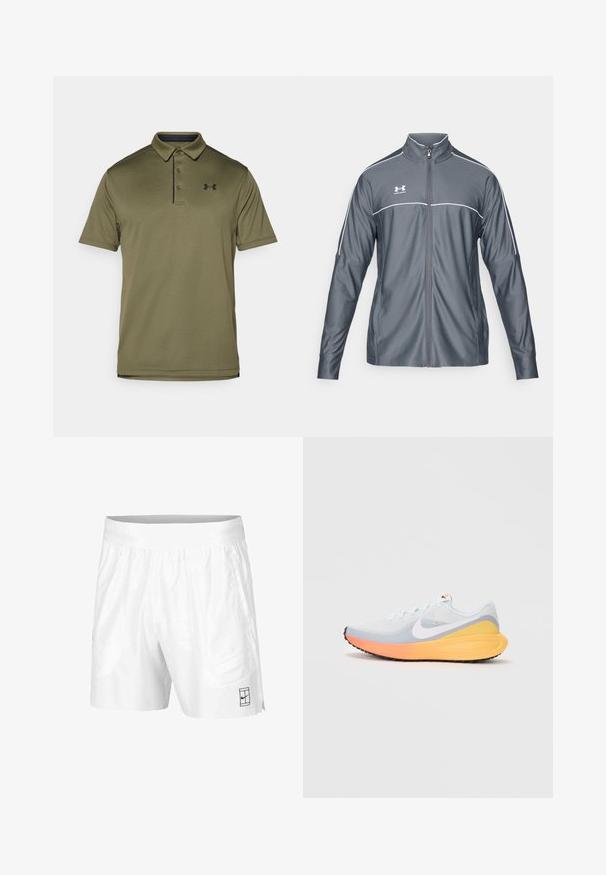 Grå idrottsjacka med dragkedja framtill, hög krage, vita detaljer längs axlarna och långa ärmar. Tillverkad av ett smooth och stretchigt material.; Olivgrön polo med en texturerad tyg, treknapps knäppning och mörkblå accenter. Har en broderad logotyp på bröstet.; Vita idrottsshorts tillverkade av lätt tyg med resårmidja, med två sidofickor och en liten svart logotyp på fållen.; Ljust blå löparsko med ett luftigt mesh-övre. Har en vit swoosh, orange och gul mellansula samt svart yttersula för grepp.