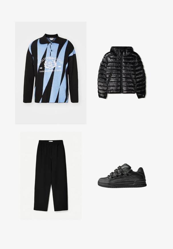 Black puffer jacket with a hood, featuring quilted design, zipper closure, and two side pockets. Made from a smooth, shiny material.; Black, blue, and white knit polo with geometric patterns. Features a collar, button placket, and chest graphic text. Long sleeves.; Black, wide-leg pants made from a lightweight fabric. Features an elastic waistband and a smooth texture. No visible patterns or hardware.; Black sneakers with a smooth leather upper, textured accents, and round black and white laces. Thick rubber sole with a patterned tread.