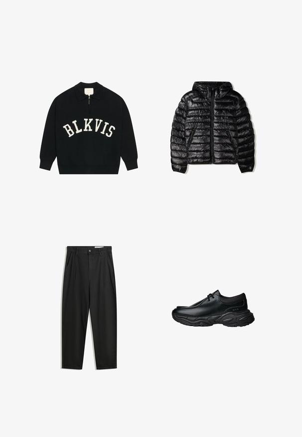 Svart puffjacka med huva, med quiltat mönster, dragkedjestängning och två sidofickor. Tillverkad av ett slätt, glänsande material.; Svart stickad tröja med dragkedjekrage, med vit "BLKVIS" text över framsidan. Ribbstickade muddar och nederkant. Texturerad tygfinish.; Svarta bomullsshorts med avslappnad passform, med en klassisk midja, framveck och sidfickor. Slät textur utan mönster.; Svarta läder slip-on skor med rund tå och tjock strukturerad gummisula. Har subtila sömmar och elastiska detaljer vid kragen.