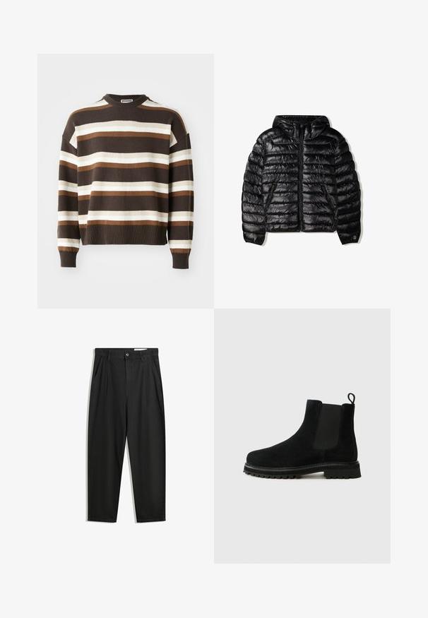 Fekete pufferdzseki kapucnival, steppelt dizájnnal, cipzáras záródással és két oldalsó zsebbel. Sima, fényes anyagból készült.; Barna és krémszínű csíkozott pulóver kerek nyakkivágással, bordázott mandzsettákkal és hem, amely laza szabással és puha textúrával rendelkezik.; Fekete pamut nadrág laza szabással, klasszikus derékrésszel, elülső hajtásokkal és oldalsó zsebekkel. Simább textúra minta nélkül.; Fekete Chelsea csizmák nubuk bőrből. Jellemzője az elasztikus oldalsó panelek és a húzófül. Vastag gumi talp, textúrázott mintázattal.