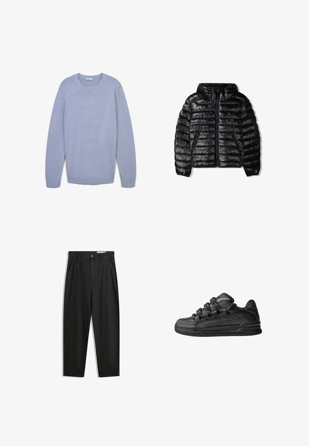 Schwarze Daunenjacke mit Kapuze, mit gestepptem Design, Reißverschluss und zwei Seitentaschen. Hergestellt aus einem glatten, glänzenden Material.; Hellgrauer, langärmliger Rundhals-Pullover mit gerippten Bündchen und Saum, flach vor einem weißen Hintergrund präsentiert.; Schwarze Baumwollhose mit lockerem Schnitt, ausgestattet mit einem klassischen Bund, vorderen Falten und Seiten taschen. Glatte Textur ohne Muster.; Schwarze Sneakers mit einem glatten Leder-Obermaterial, strukturierten Akzenten und runden schwarz-weißen Schnürsenkeln. Dicke Gummisohle mit einem gemusterten Profil.