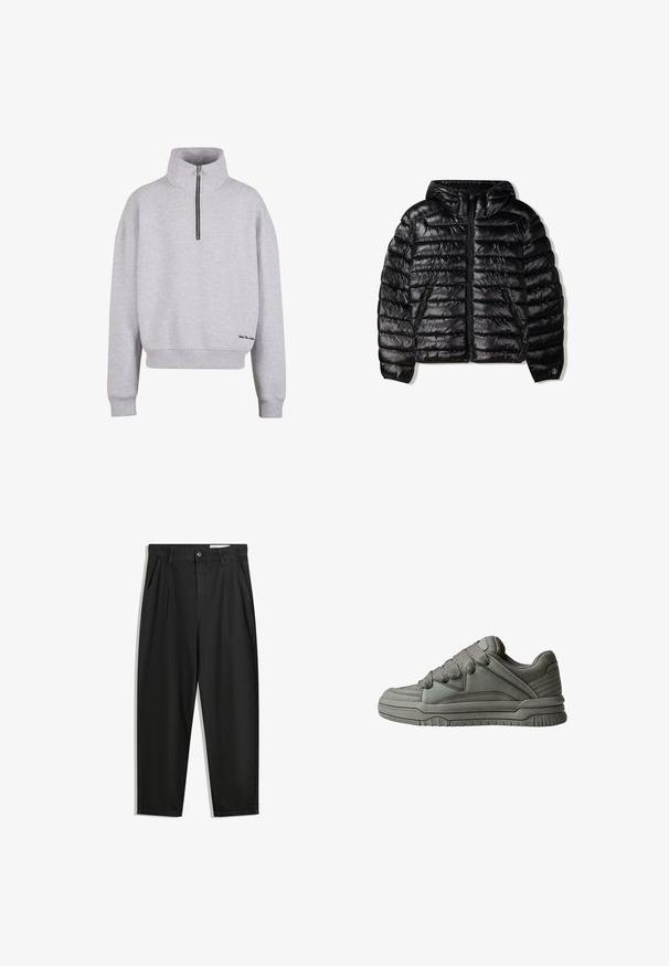 Čierna zateplená bunda s kapucňou, s prešívaným dizajnom, so zipsom a dvoma bočnými vreckami. Vyrobená z hladkého, lesklého materiálu.; Svetlošedý sveter s vysokým golierom, štvrť-zipsom a rebrovanými manžetami. Obsahuje malý čierny vyšívaný akcent blízko lemu.; Čierne bavlnené nohavice s voľným strihom, s klasickým pásom, prednými záhybmi a bočnými vreckami. Hladká textúra bez vzorov.; Sivé športové topánky s textúrovanou kožou a sieťovinou na vrchu, hrubou gumovou podrážkou a výrazným polstrovaným jazykom a bočnými stranami. Šnúrky a bočné akcenty sú súčasťou.