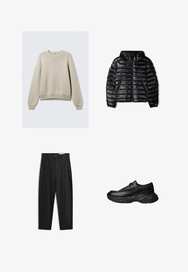 Giubbotto imbottito nero con cappuccio, con design trapuntato, chiusura con zip e due tasche laterali. Realizzato in un materiale liscio e lucido.; Maglione beige lavorato a maglia con colletto rotondo, maniche lunghe e polsini e orlo a coste. Presenta un motivo texturizzato su tutta la superficie.; Pantaloni in cotone neri con una vestibilità rilassata, dotati di una vita classica, pieghe frontali e tasche laterali. Tessuto liscio senza fantasie.; Scarpe slip-on in pelle nera con punta arrotondata e suola in gomma spessa e testurizzata. Presentano cuciture sottili e dettagli in elastico sul colletto.