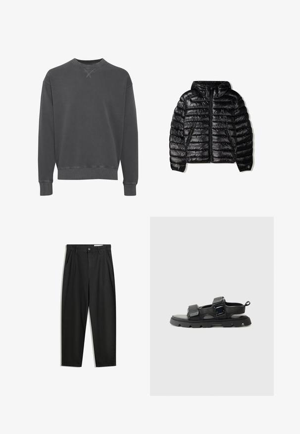 Czarna kurtka puchowa z kapturem, z pikowanym wzorem, zamkiem błyskawicznym oraz dwoma bocznymi kieszeniami. Wykonana z gładkiego, błyszczącego materiału.; Czarnoszary sweatshirt z okrągłym dekoltem wykonany z mieszanki bawełny, z ribbami przy mankietach i dolnym obszyciu, z teksturowanym wykończeniem i subtelnymi detalami ściegów.; Czarne bawełniane spodnie o luźnym kroju, z klasycznym pasem, przednimi plisy oraz bocznymi kieszeniami. Gładka struktura, bez wzorów.; Czarne sandały z teksturowaną cholewką, szerokimi paskami, metalowymi klamrami i grubą gumową podeszwą z bieżnikiem.