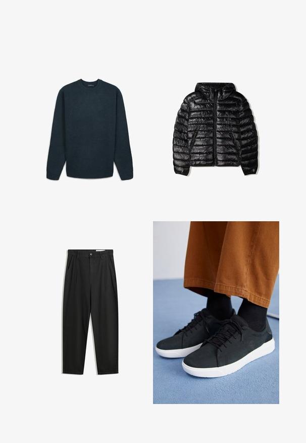 Schwarze Daunenjacke mit Kapuze, mit gestepptem Design, Reißverschluss und zwei Seitentaschen. Hergestellt aus einem glatten, glänzenden Material.; Dunkelblauer Crewneck-Pullover mit langen Ärmeln, gerippten Bündchen, Kragen und Saum, flach auf einem weißen Hintergrund ausgelegt.; Schwarze Baumwollhose mit lockerem Schnitt, ausgestattet mit einem klassischen Bund, vorderen Falten und Seiten taschen. Glatte Textur ohne Muster.; Schwarze Wildleder-Sneaker mit weißen Gummisohlen, mit Schnürdesign, strukturierten Akzenten und dezentem Branding, kombiniert mit braunen Hosen.