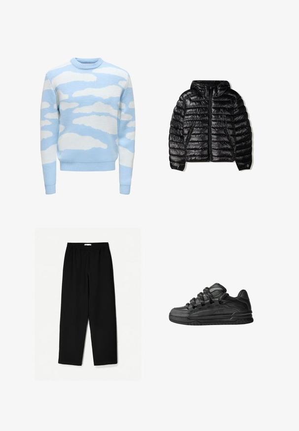 Zwarte pufferjack met capuchon, voorzien van een gelamineerd ontwerp, ritsluiting en twee zijzakken. Gemaakt van een gladde, glanzende stof.; Lichtblauwe trui met een gestructureerde breiwijze en een wolkenpatroon in het wit. Ronde halslijn en geribbelde mouwen en onderrand.; Zwarte, wijde broek van een lichtgewicht stof. Voorzien van een elastische tailleband en een soepele textuur. Geen zichtbare patronen of hardware.; Zwarte sneakers met een glad leren bovenwerk, gearceerde accenten en ronde zwart-witte veters. Dikke rubberen zool met een geprofileerd loopvlak.
