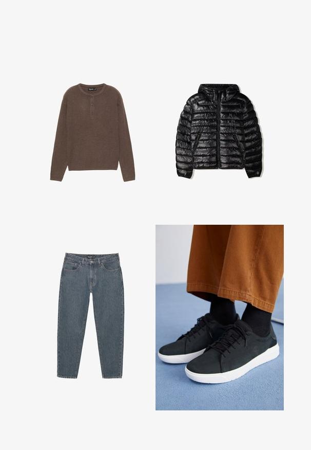 Mustat puffatakki hupulla, jossa on tikattu muotoilu, vetoketjusuljin ja kaksi sivutaskua. Valmistettu sileästä, kiiltävästä materiaalista.; Ruskearun ribadettu neulepaita pitkillä hihoilla, pyöreällä pääntiellä ja kolmella napilla varustetulla etuosalla. Ominaisuuksiin kuuluu suora leikkaus ja pehmeä tekstuuri.; Tummansiniset farkut rentoa istuvuutta, viisi-taskista muotoilua, napitus ja hieman kuluneet lahkeensuukkeet. Kestävä materiaali, jossa on hienovarainen tekstuuri.; Musta mokkanahkakengät valkoisilla kumipohjilla, joissa on nauhakiinnitys, teksturoituja yksityiskohtia ja huomaamatonta brändäystä, yhdistettynä ruskeisiin housuihin.