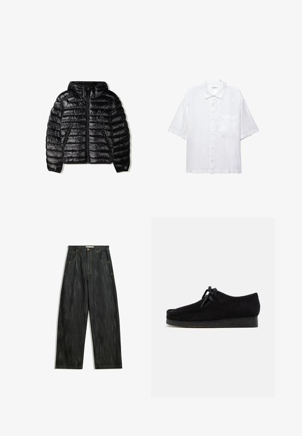 Fekete pufferdzseki kapucnival, steppelt dizájnnal, cipzáras záródással és két oldalsó zsebbel. Sima, fényes anyagból készült.; Fehér, rövid ujjú ing gombos elülső résszel, gallérral és egyetlen mellzsebbel. Könnyű anyagból készült, sima textúrával.; Sötét farmernadrág laza szabással, finom függőleges textúrával, sárga varrással, öt zsebbel és klasszikus gombos záródással.; Fekete nubuk bőr cipők lekerekített orrvonallal, fűzős elülső résszel és texturált fekete gumitalppal. Simább felsőrész finom varrási részletekkel.