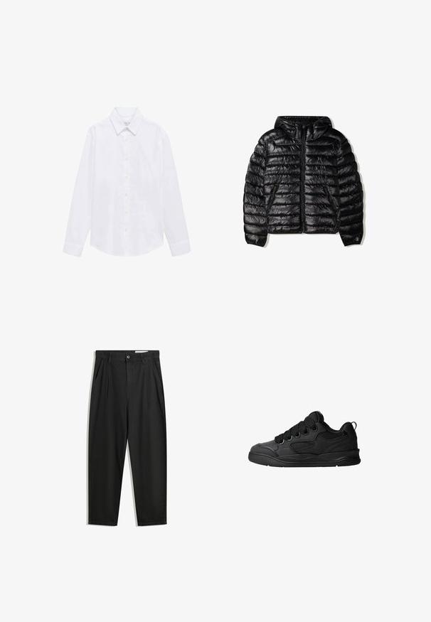 Crna puffer jakna s kapuljačom, sa kvadratnim dizajnom, zatvaranjem na patentni zatvarač i dva bočna džepa. Napravljena od glatkog, sjajnog materijala.; Bijela košulja s dugim rukavima izrađena od pamučne tkanine. Ima oštar ovratnik, zatvaranje na dugmadi i pojedinačne manšete. Minimalistički dizajn bez uzoraka.; Crne pamučne hlače s opuštenim krojem, s klasičnim pojasom, prednjim nabranjima i bočnim džepovima. Glatka tekstura bez uzoraka.; Crne tenisice s teksturiranim gornjim dijelom, sa vezicama, mrežastim detaljima za prozračnost, podstavljenim ovratnikom i čvrstim potplatima.