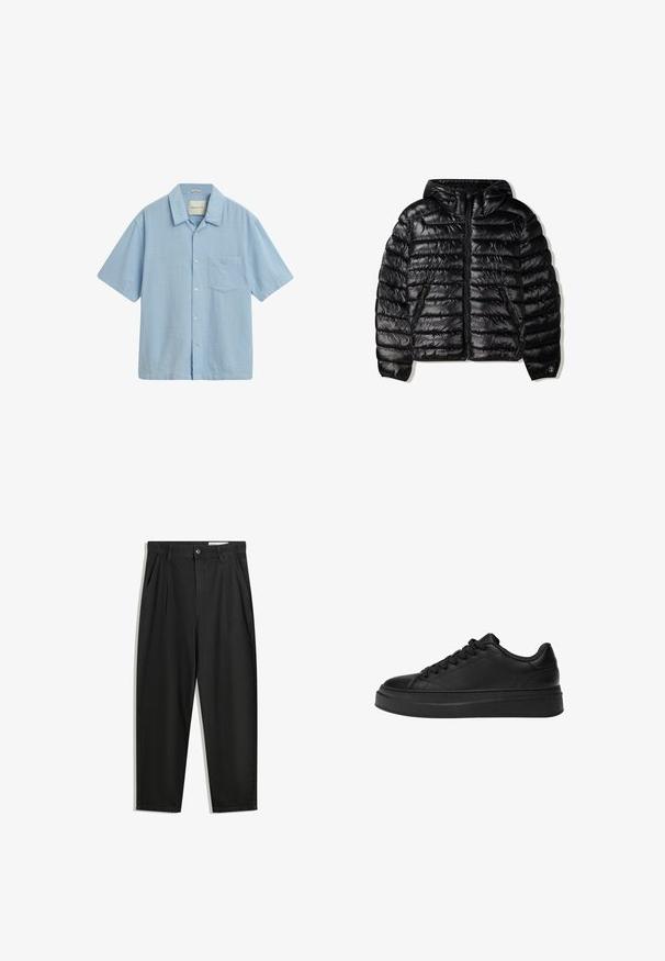 Svart puffjacka med huva, med quiltat mönster, dragkedjestängning och två sidofickor. Tillverkad av ett slätt, glänsande material.; Ljusblå kortärmad skjorta i strukturerad väv, med krage, knappstängning fram och en liten ficka på vänster bröst.; Svarta bomullsshorts med avslappnad passform, med en klassisk midja, framveck och sidfickor. Slät textur utan mönster.; Svart sneaker i slät läder, med rund tå, tjock plattformssula och traditionell snördesign med sex öglor.